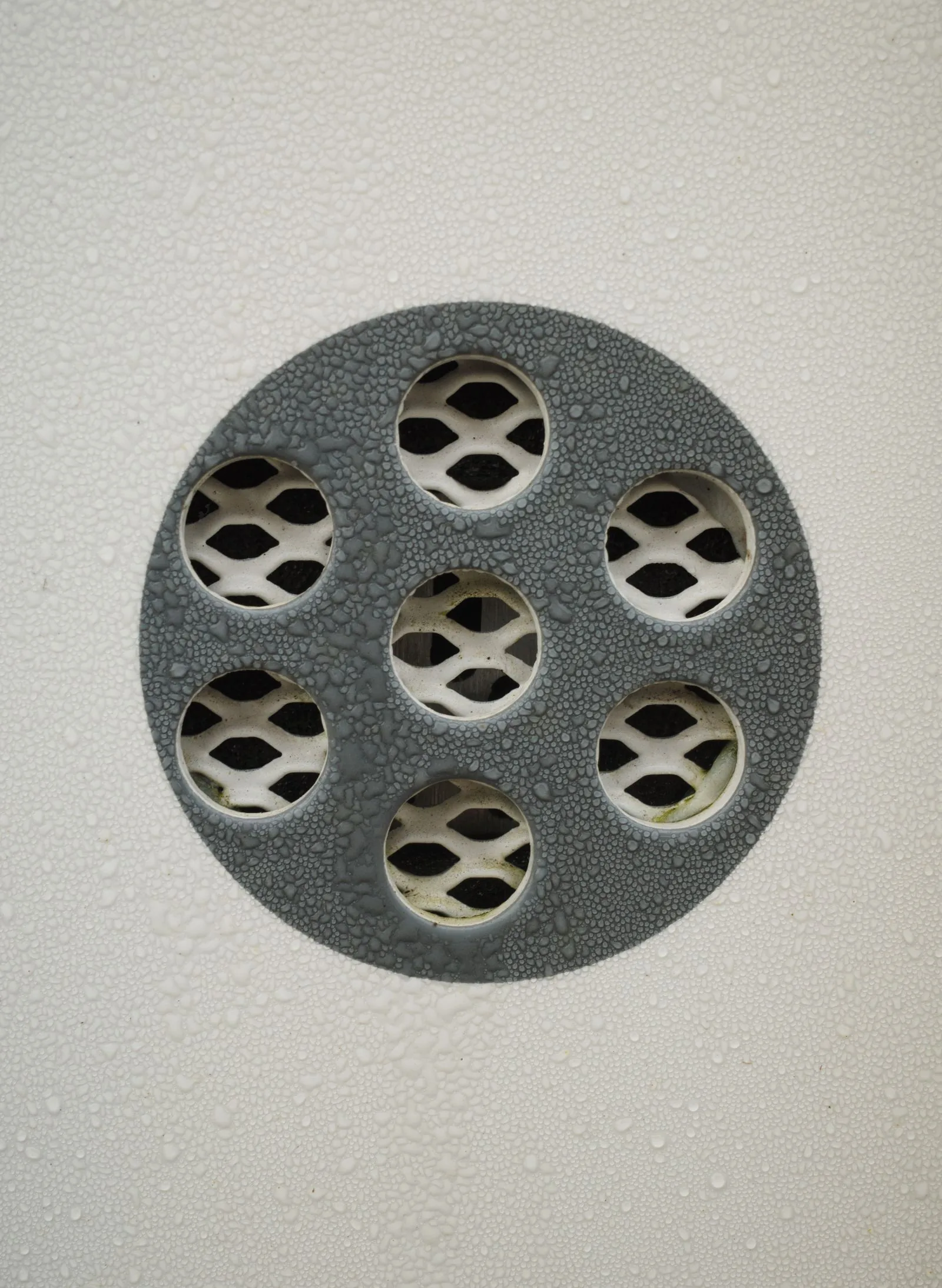 Close-up of water droplets on a metal drain cover