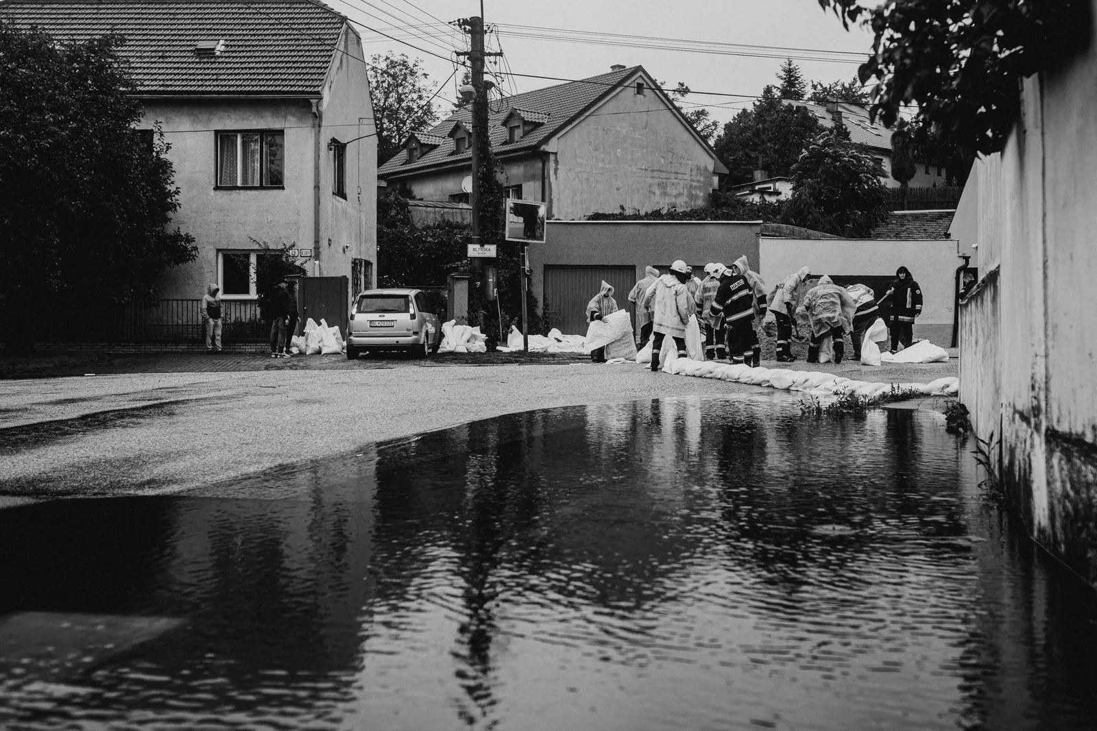 Flood response team working on a residential street